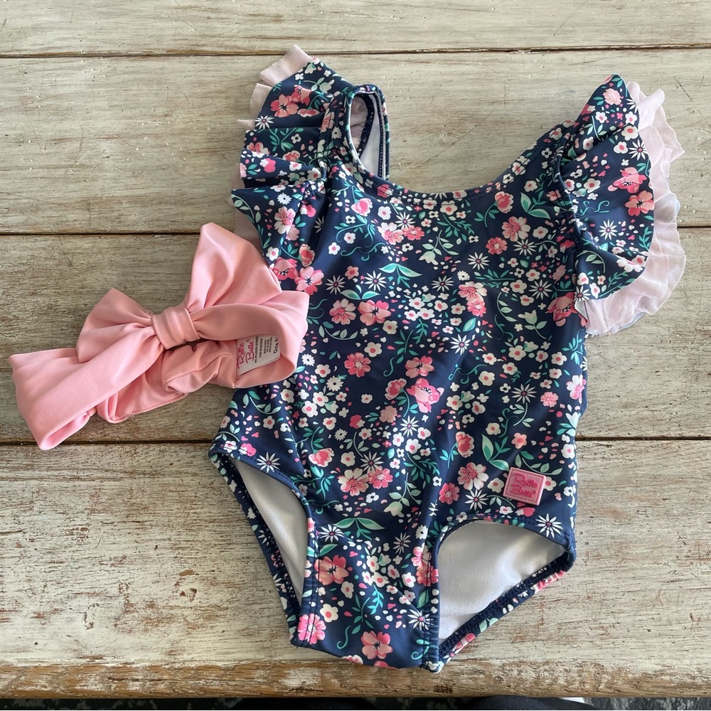 RUFFLEBUTTS Girl's Moonlit Meadow Ruffle One-Piece Swimsuit w/ Bow Headband